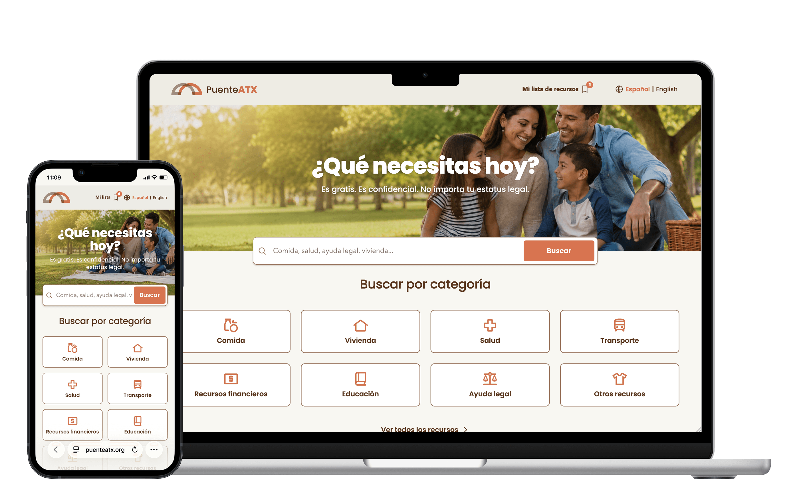 Puente ATX homepage on desktop and mobile, showing the warm cream interface, the family hero photograph, and the overlaid resource search bar