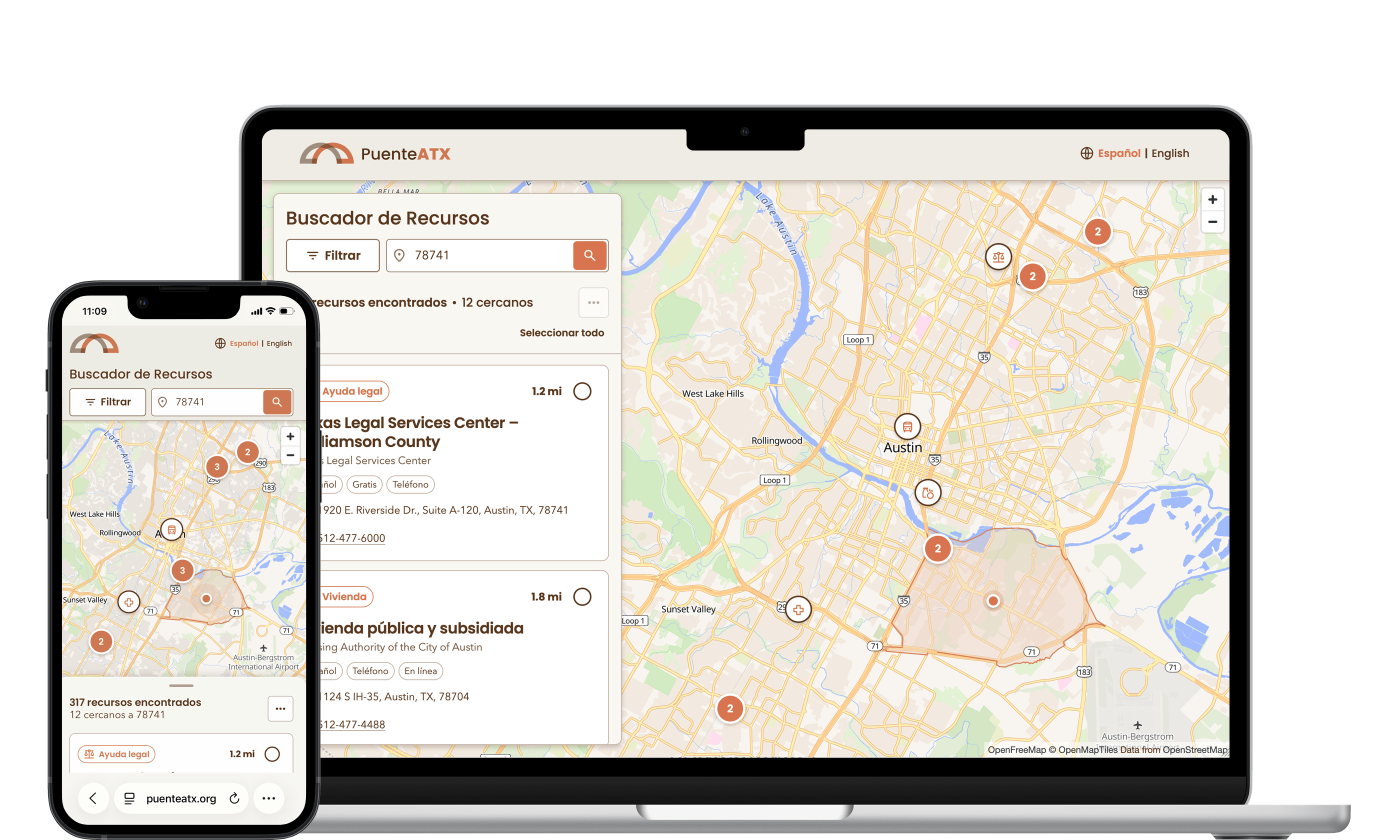The Buscador resource finder on desktop and mobile: a ZIP search form, filtered result cards, and a MapLibre map with clustered markers around Austin