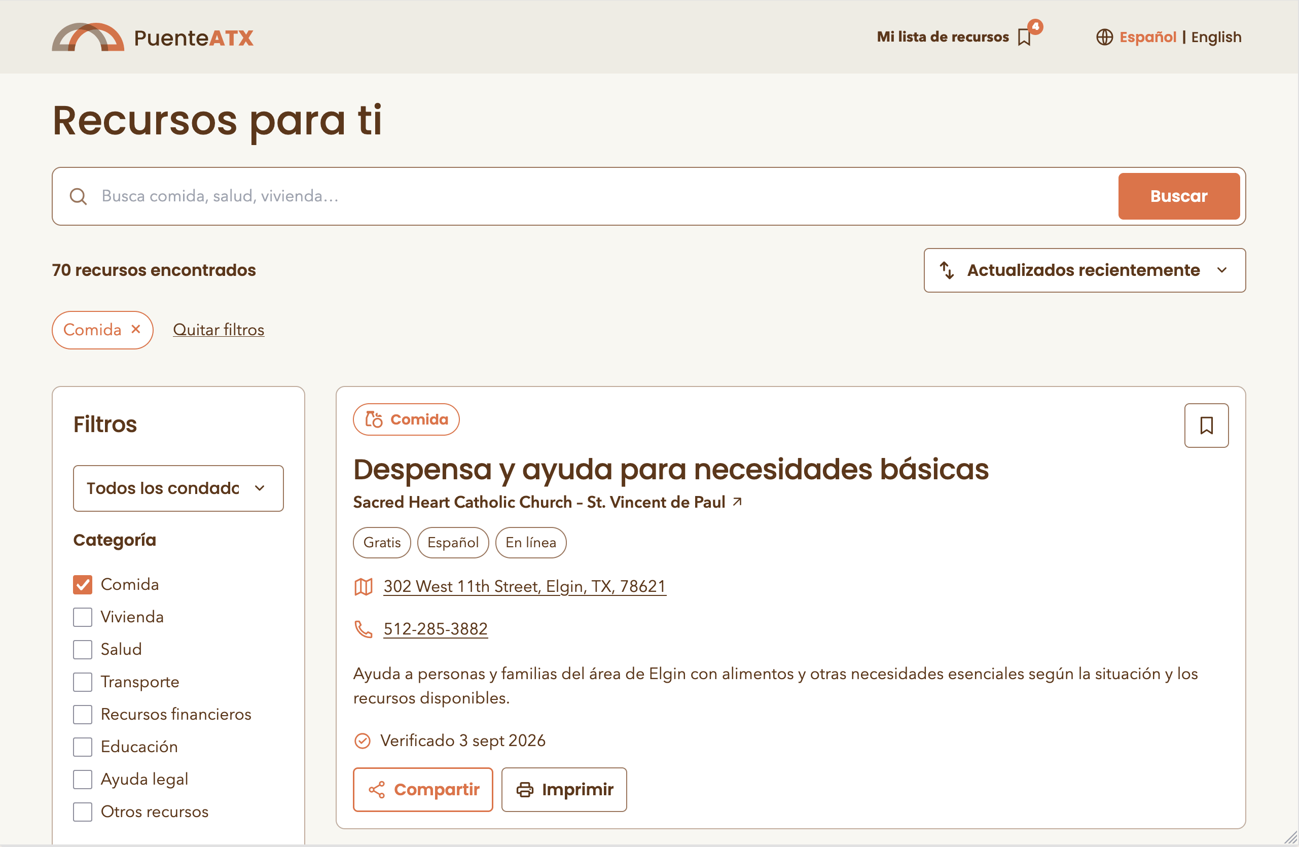Puente ATX resource results page with a category filter chip, sort control, sidebar filters, and an expanded resource card